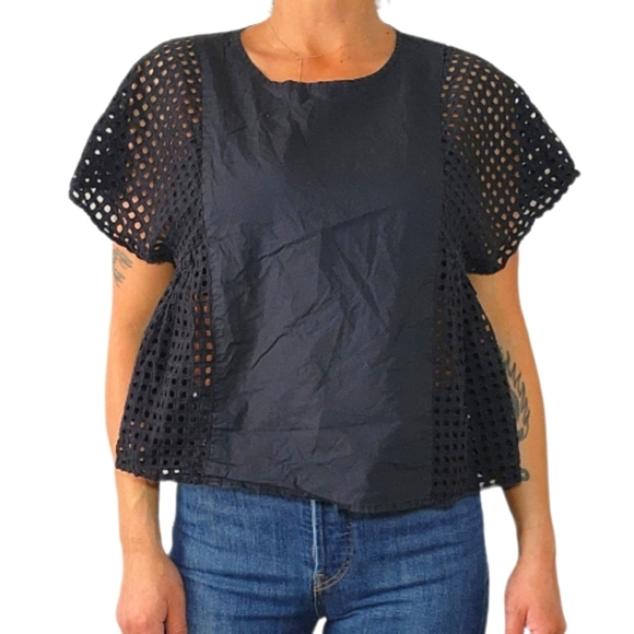 Madewell Cotton Mesh Short Sleeve Top Black Small - Picture 1 of 5
